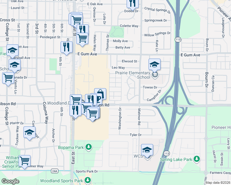 map of restaurants, bars, coffee shops, grocery stores, and more near 95 Signature Drive in Woodland