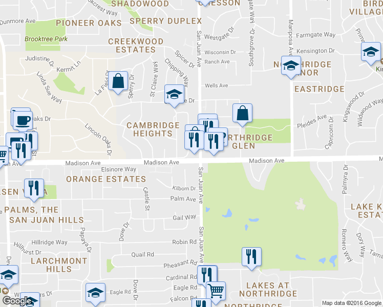 map of restaurants, bars, coffee shops, grocery stores, and more near 5406 Maidstone Way in Citrus Heights