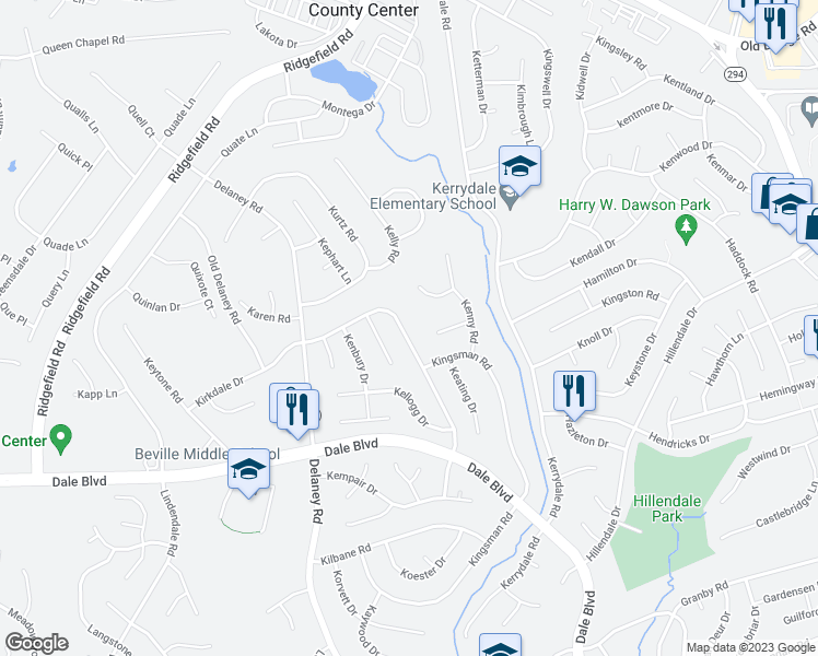 map of restaurants, bars, coffee shops, grocery stores, and more near 4736 Kirkdale Drive in Woodbridge