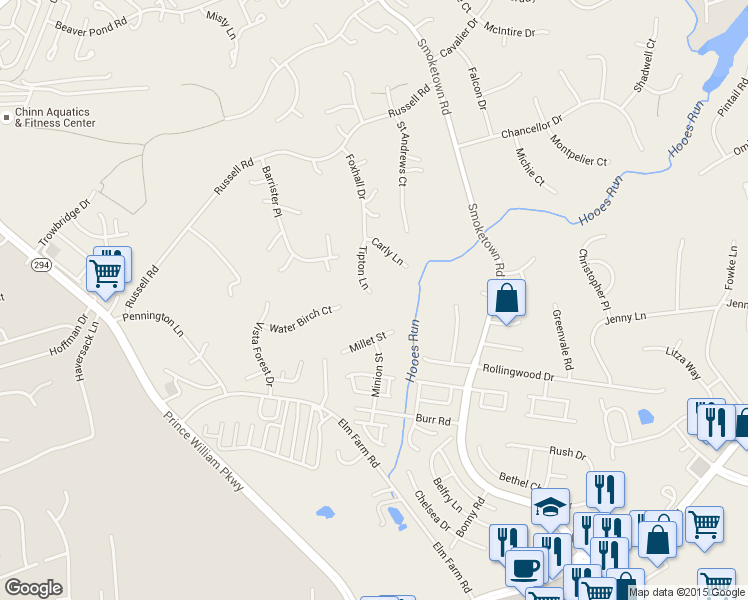 map of restaurants, bars, coffee shops, grocery stores, and more near 3401 Tipton Lane in Woodbridge