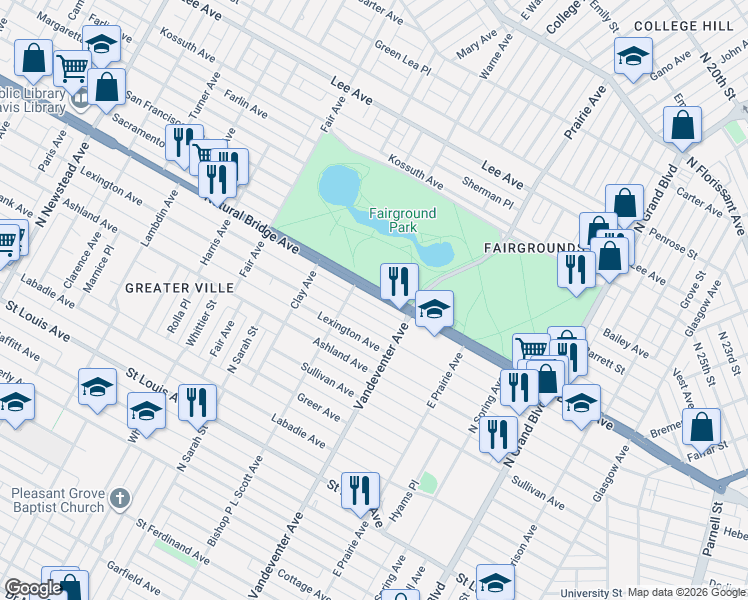map of restaurants, bars, coffee shops, grocery stores, and more near 3959 Palm Street in St. Louis