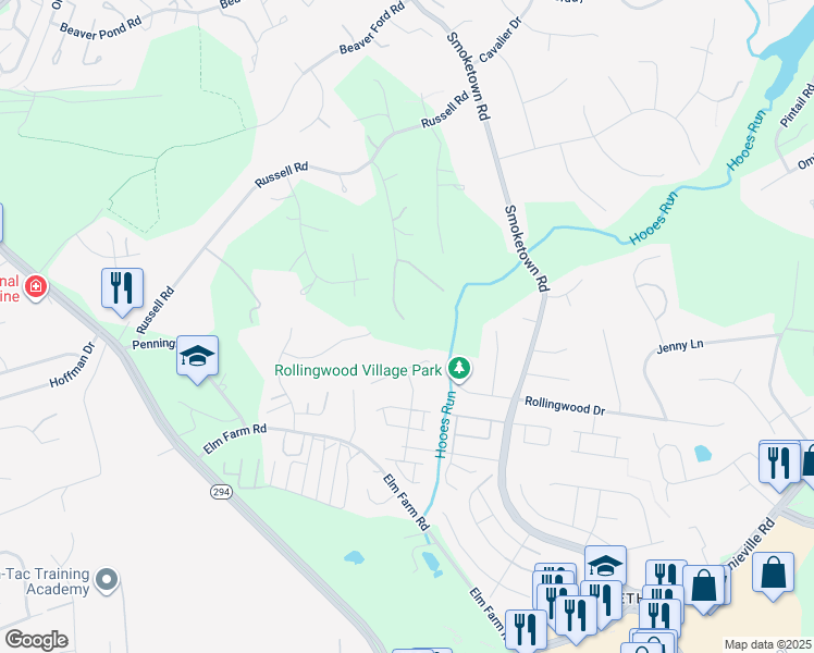 map of restaurants, bars, coffee shops, grocery stores, and more near 3401 Tipton Lane in Woodbridge