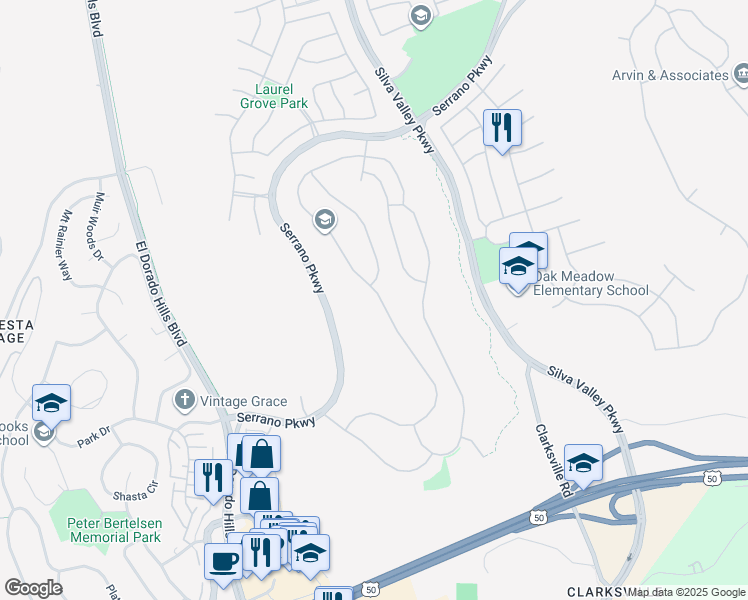 map of restaurants, bars, coffee shops, grocery stores, and more near 1283 Souza Drive in El Dorado Hills