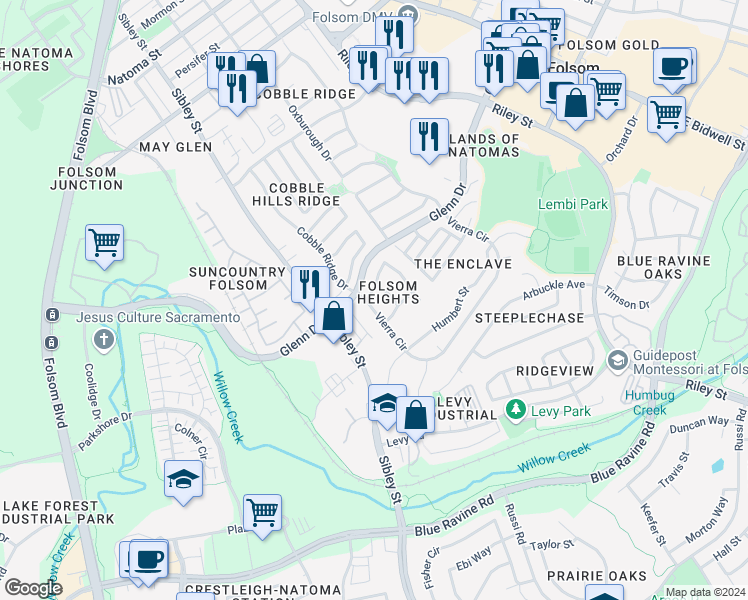 map of restaurants, bars, coffee shops, grocery stores, and more near 105 Vierra Circle in Folsom