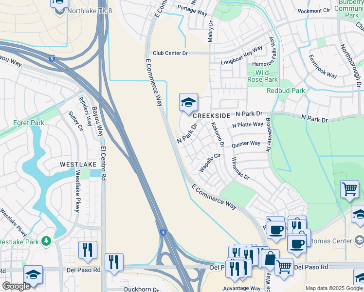 map of restaurants, bars, coffee shops, grocery stores, and more near 416 North Park Drive in Sacramento