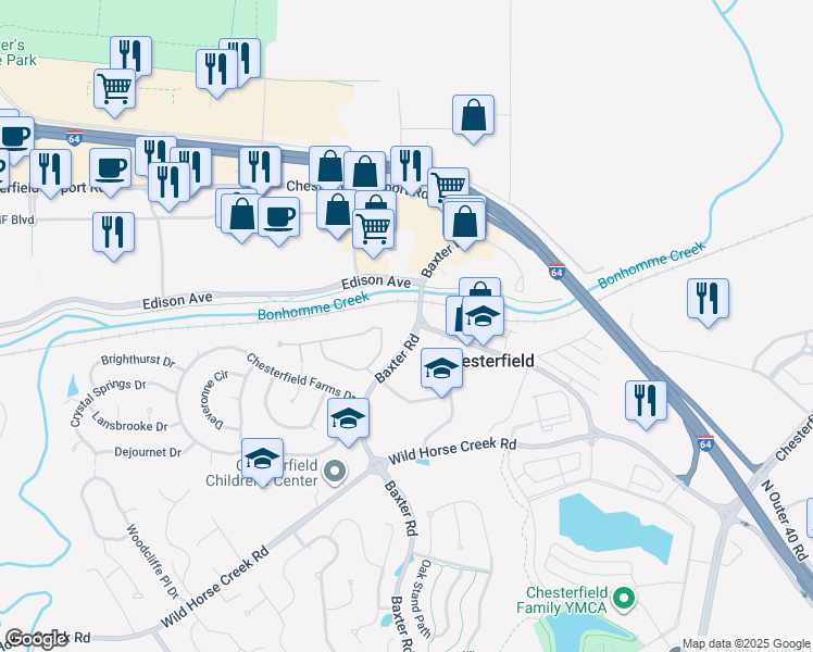 map of restaurants, bars, coffee shops, grocery stores, and more near 16872 Baxter Road in Chesterfield