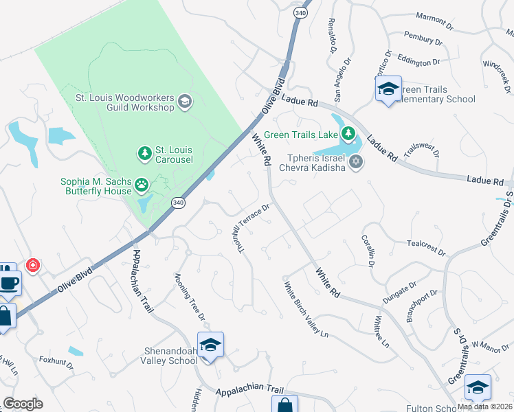 map of restaurants, bars, coffee shops, grocery stores, and more near 14738 Thornbird Manor Parkway in Chesterfield