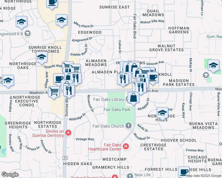 map of restaurants, bars, coffee shops, grocery stores, and more near 8035 Madison Avenue in Citrus Heights