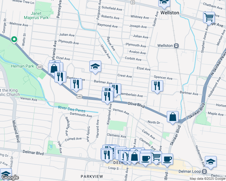 map of restaurants, bars, coffee shops, grocery stores, and more near 6705 Chamberlain Avenue in University City