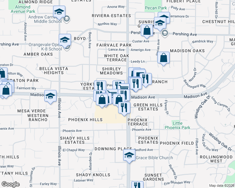 map of restaurants, bars, coffee shops, grocery stores, and more near 8852 Mohawk Way in Fair Oaks