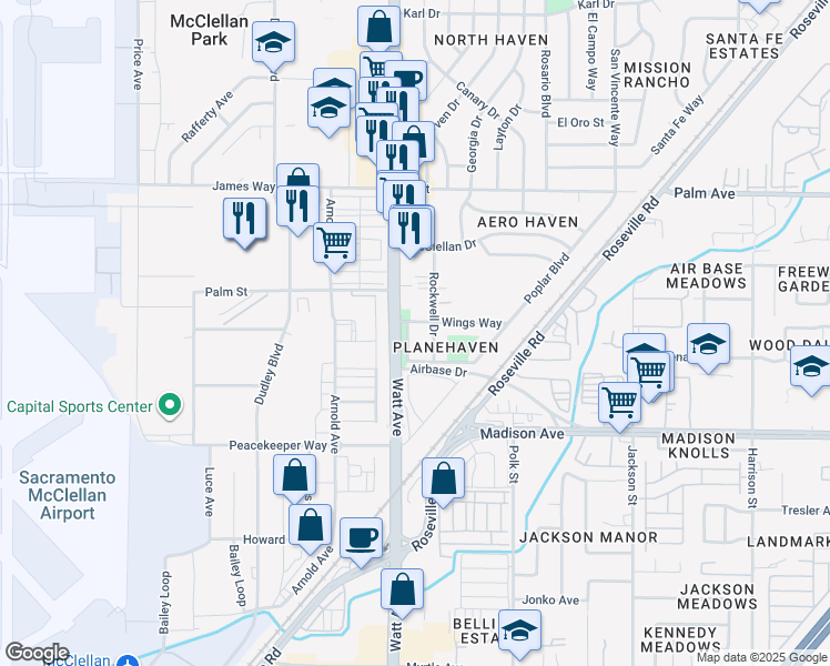 map of restaurants, bars, coffee shops, grocery stores, and more near 5321 Rockwell Drive in North Highlands