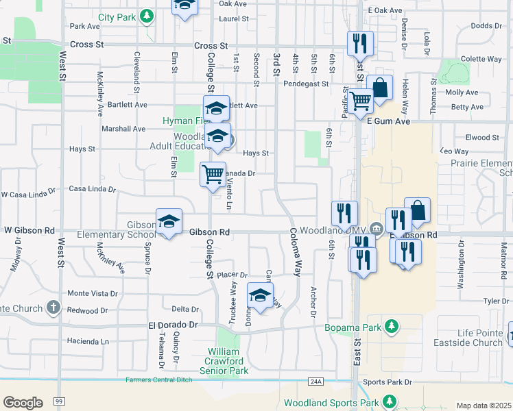 map of restaurants, bars, coffee shops, grocery stores, and more near 1321 Westwood Way in Woodland