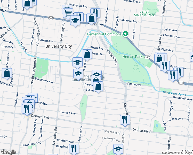 map of restaurants, bars, coffee shops, grocery stores, and more near 7303 Balson Avenue in University City