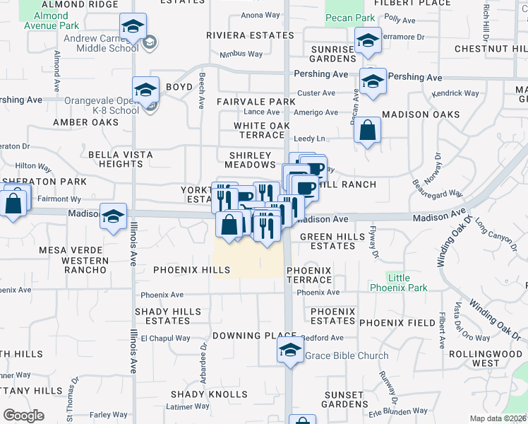 map of restaurants, bars, coffee shops, grocery stores, and more near 8852 Mohawk Way in Fair Oaks