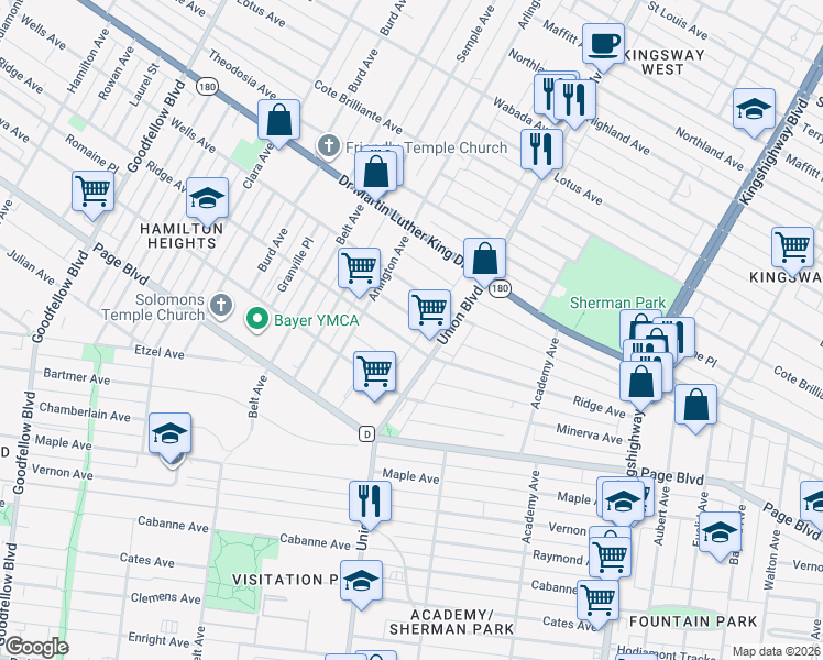 map of restaurants, bars, coffee shops, grocery stores, and more near 1415 Union Boulevard in St. Louis