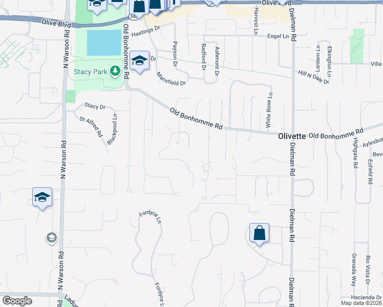 map of restaurants, bars, coffee shops, grocery stores, and more near 5 Ridgegate Drive in Olivette