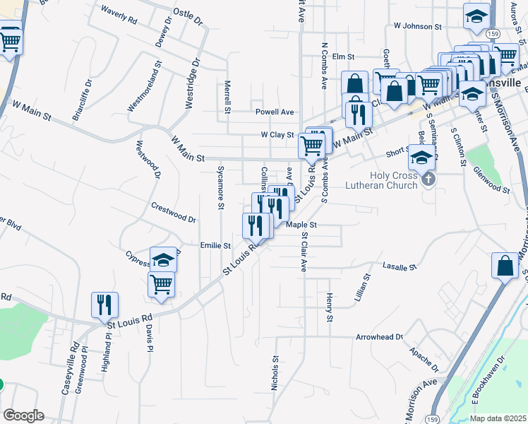 map of restaurants, bars, coffee shops, grocery stores, and more near 309 Collinsville Ave in Collinsville