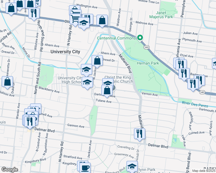 map of restaurants, bars, coffee shops, grocery stores, and more near 7325 Balson Avenue in University City