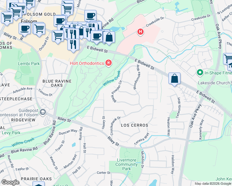 map of restaurants, bars, coffee shops, grocery stores, and more near 113 Black Gold Lane in Folsom