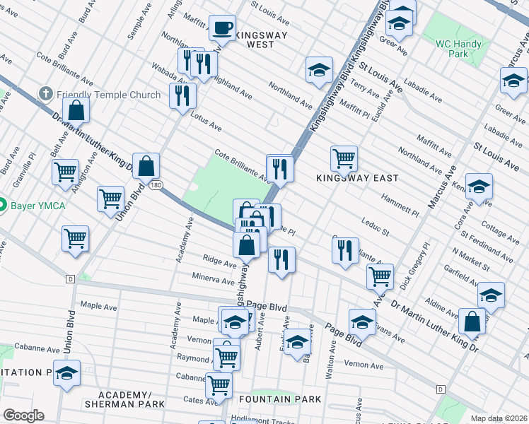 map of restaurants, bars, coffee shops, grocery stores, and more near 1528 North Kingshighway Boulevard in St. Louis