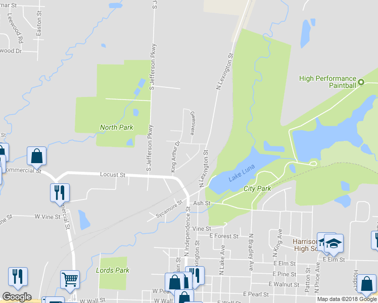 map of restaurants, bars, coffee shops, grocery stores, and more near 5 New Castle Circle in Harrisonville