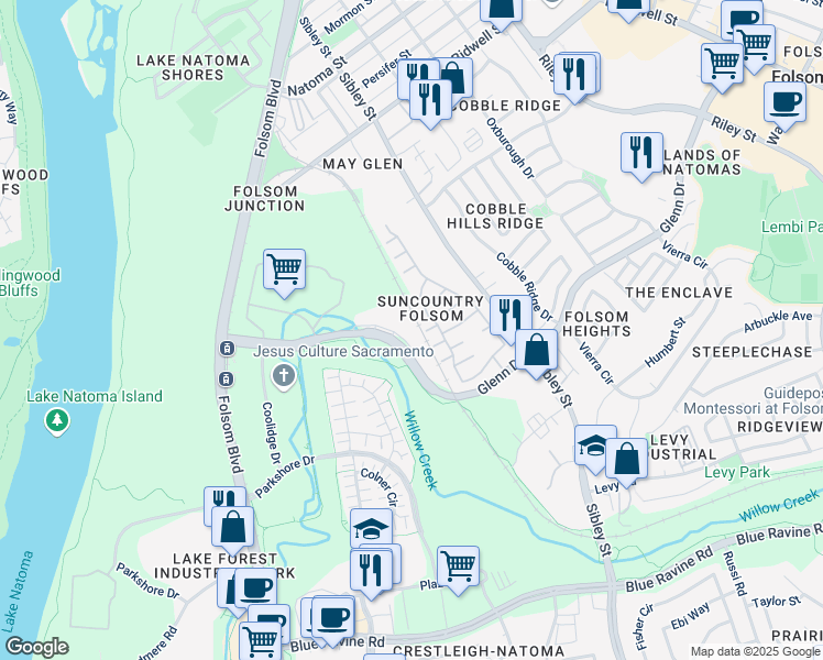 map of restaurants, bars, coffee shops, grocery stores, and more near 910 Glenn Drive in Folsom