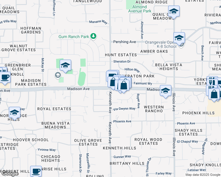 map of restaurants, bars, coffee shops, grocery stores, and more near Madison Ave & Kenneth Ave in Fair Oaks