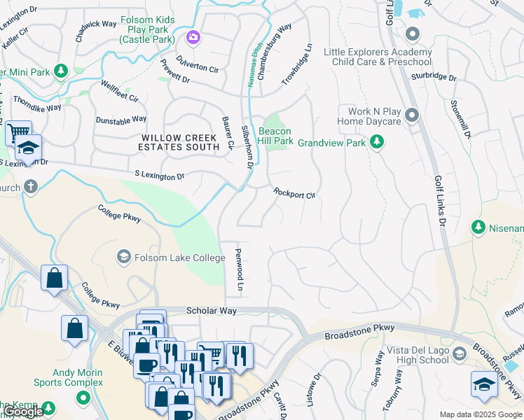 map of restaurants, bars, coffee shops, grocery stores, and more near 150 Biscayne Way in Folsom