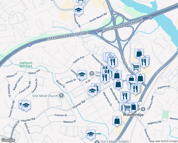 map of restaurants, bars, coffee shops, grocery stores, and more near 1405 Mary Street in Woodbridge