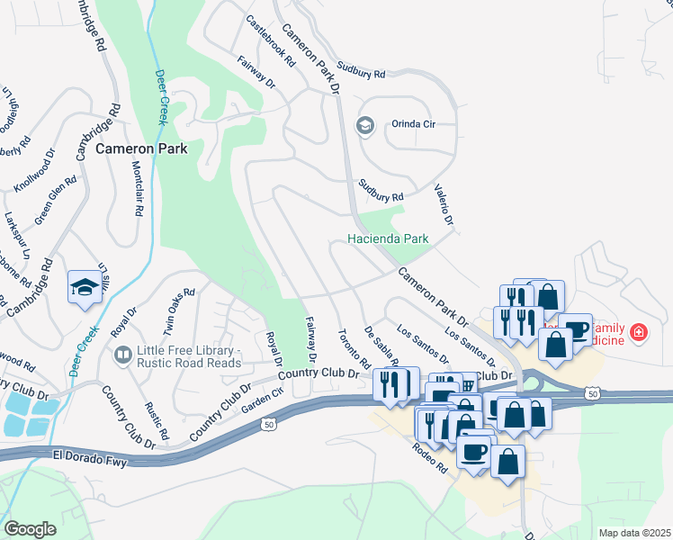 map of restaurants, bars, coffee shops, grocery stores, and more near 3840 De Sabla Road in Cameron Park