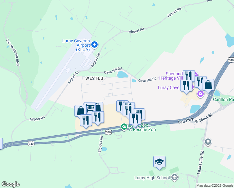 map of restaurants, bars, coffee shops, grocery stores, and more near 203 Allison Drive in Luray