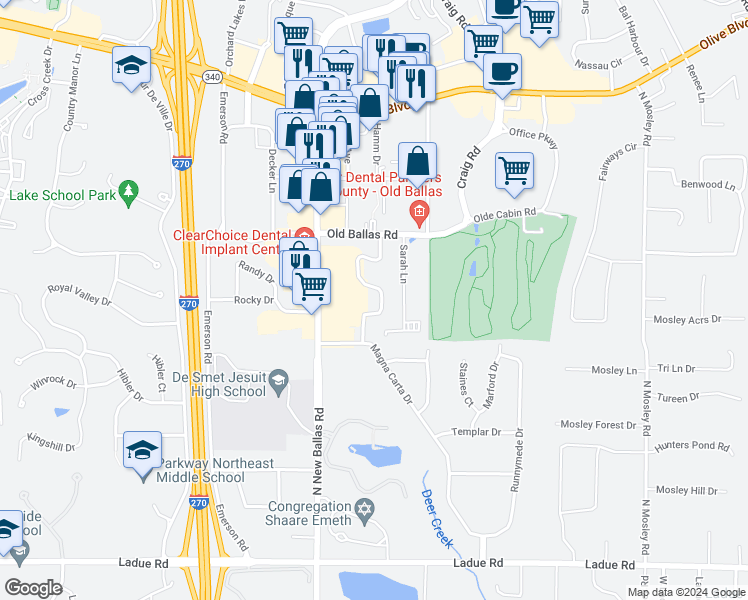 map of restaurants, bars, coffee shops, grocery stores, and more near 539 Coeur de Royale Drive in St. Louis