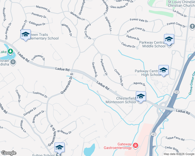 map of restaurants, bars, coffee shops, grocery stores, and more near 14228 Ladue Road in Chesterfield