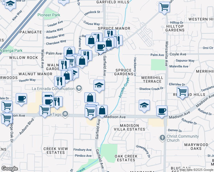 map of restaurants, bars, coffee shops, grocery stores, and more near 5364 Garfield Avenue in Sacramento