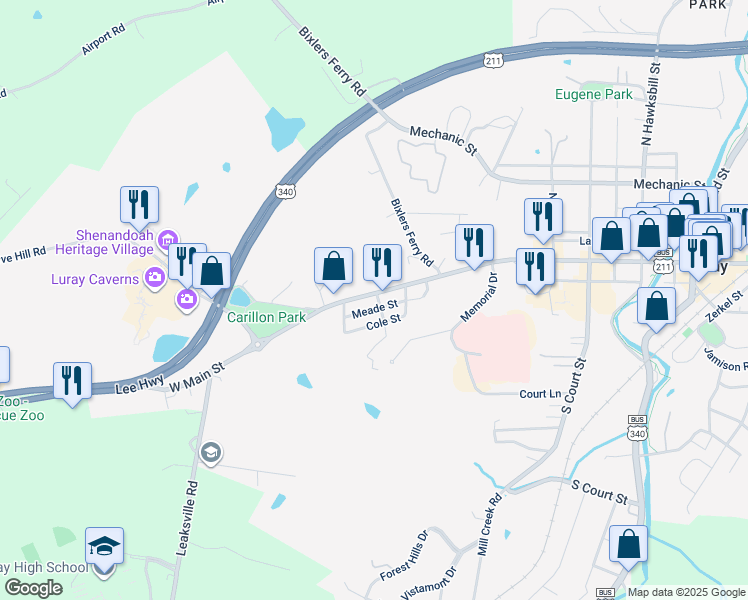 map of restaurants, bars, coffee shops, grocery stores, and more near 1 Jordan Street in Luray