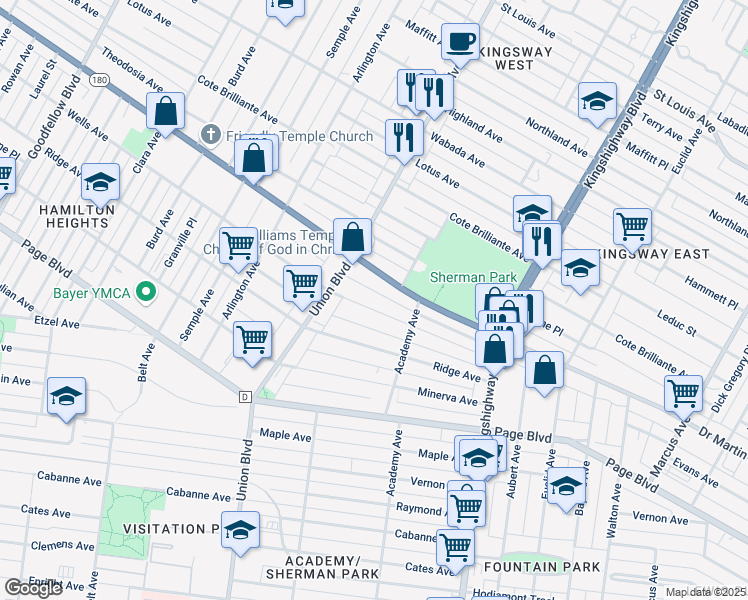 map of restaurants, bars, coffee shops, grocery stores, and more near 5201 Wells Avenue in St. Louis