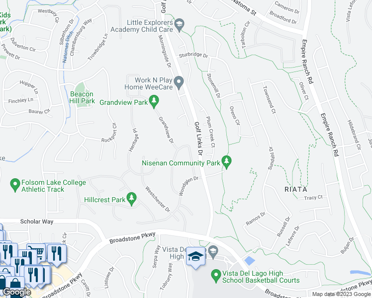 map of restaurants, bars, coffee shops, grocery stores, and more near 723 Misty Ridge Circle in Folsom