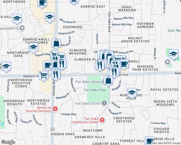 map of restaurants, bars, coffee shops, grocery stores, and more near 8035 Madison Avenue in Citrus Heights