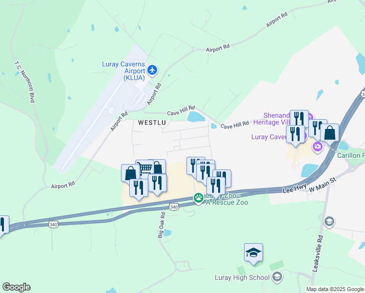 map of restaurants, bars, coffee shops, grocery stores, and more near 203 Allison Drive in Luray
