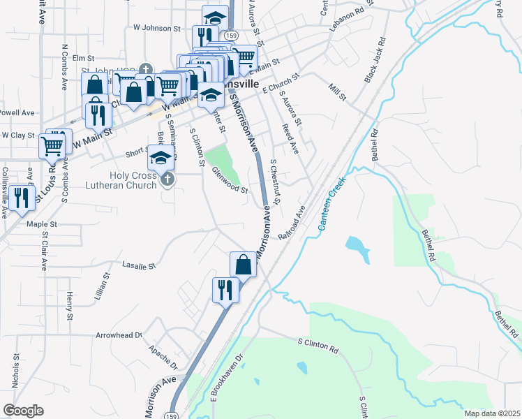 map of restaurants, bars, coffee shops, grocery stores, and more near 101 Glen Street in Collinsville