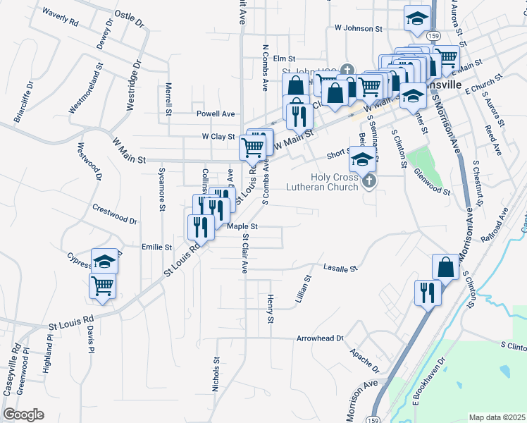 map of restaurants, bars, coffee shops, grocery stores, and more near 739 Maple Street in Collinsville