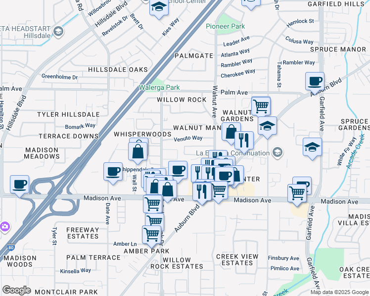 map of restaurants, bars, coffee shops, grocery stores, and more near 5341 Walnut Avenue in Sacramento
