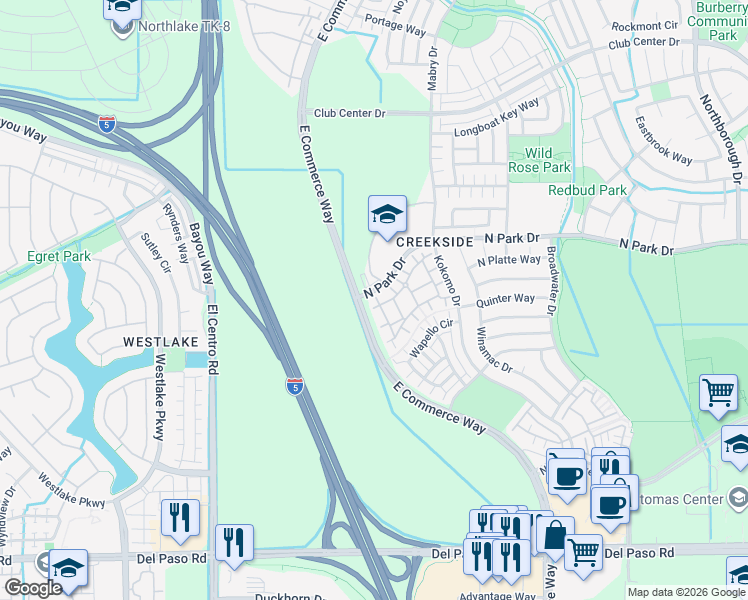 map of restaurants, bars, coffee shops, grocery stores, and more near 3301 North Park Drive in Sacramento