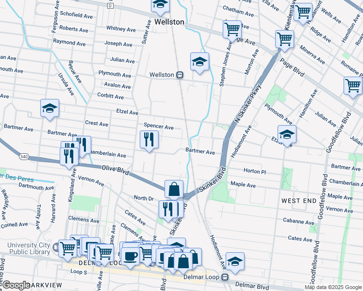 map of restaurants, bars, coffee shops, grocery stores, and more near 6291 Bartmer Avenue in University City