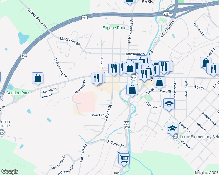 map of restaurants, bars, coffee shops, grocery stores, and more near 116 South Court Street in Luray