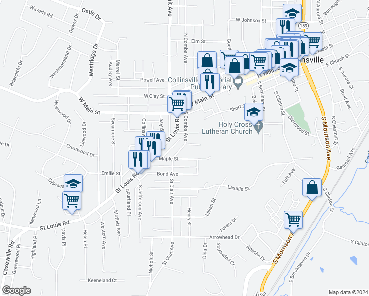 map of restaurants, bars, coffee shops, grocery stores, and more near 404 South Combs Avenue in Collinsville