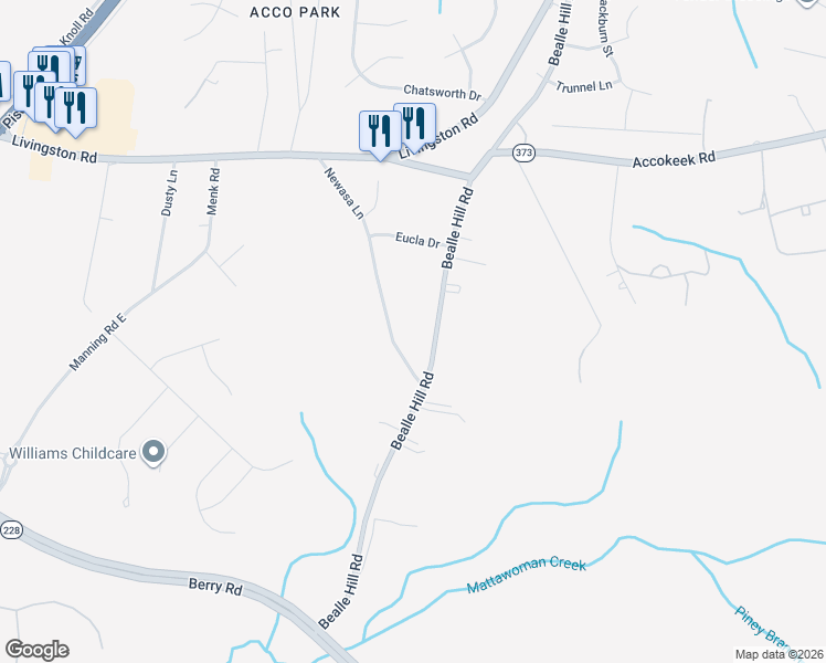 map of restaurants, bars, coffee shops, grocery stores, and more near 16402 Newasa Lane in Accokeek