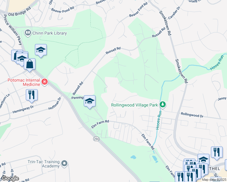 map of restaurants, bars, coffee shops, grocery stores, and more near 13304 Vista Forest Drive in Woodbridge