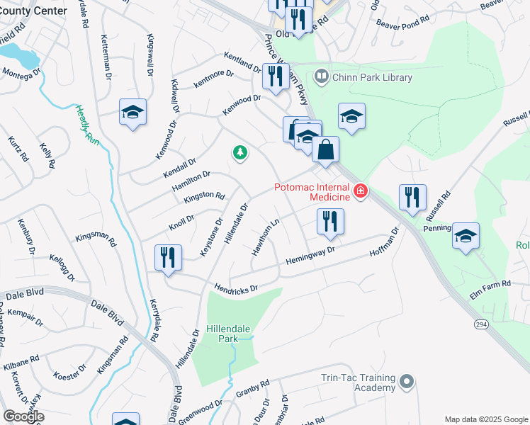 map of restaurants, bars, coffee shops, grocery stores, and more near 13205 Hampshire Court in Woodbridge