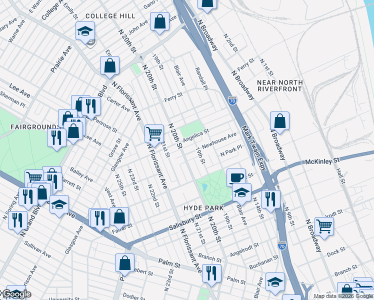 map of restaurants, bars, coffee shops, grocery stores, and more near 1916 Newhouse Avenue in St. Louis